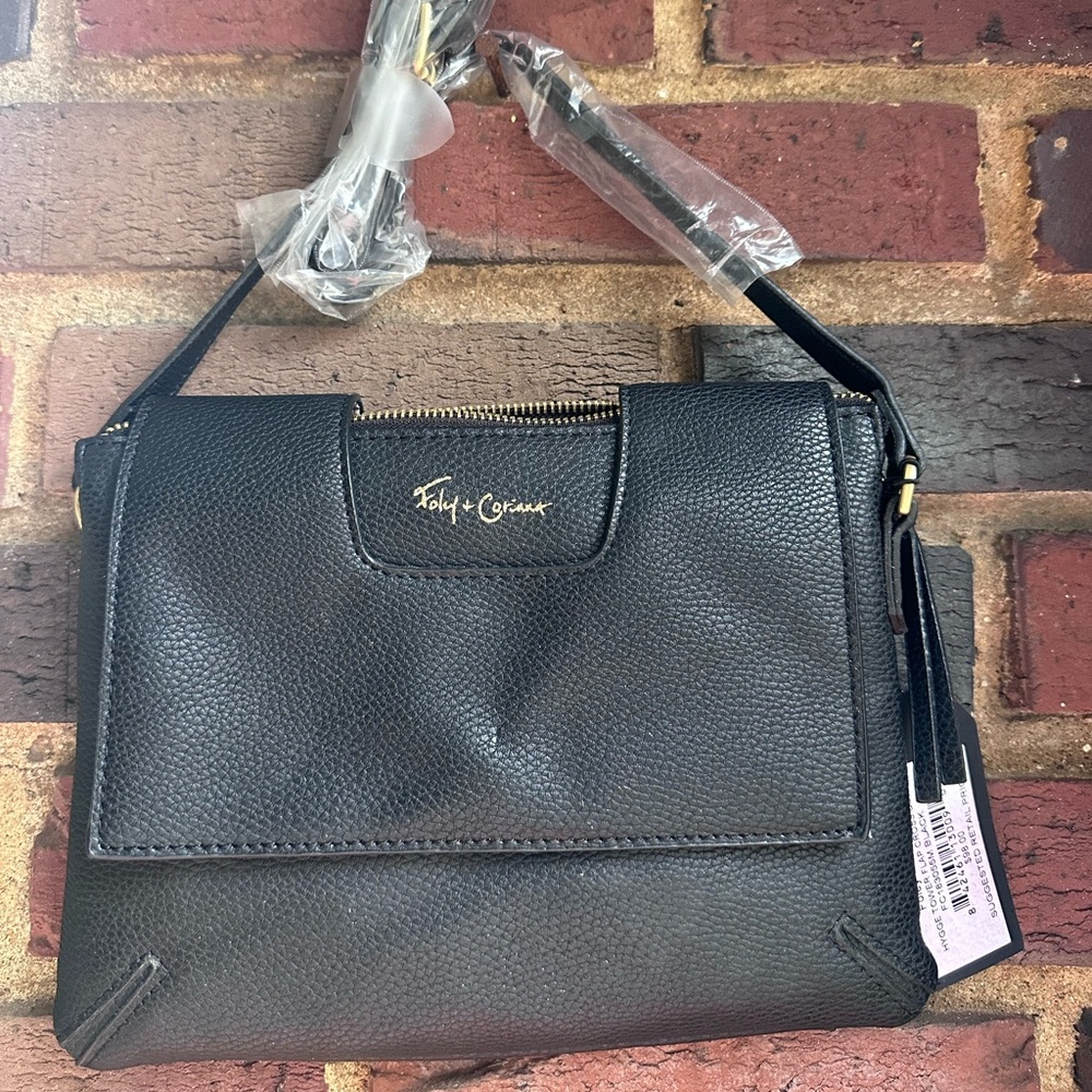 Foley + Corinna black crossbody in faux leather, NWT